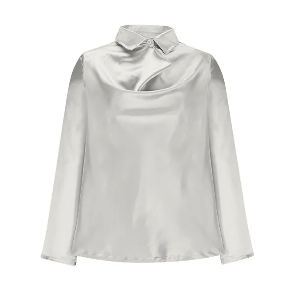 Off White Satin Cowl Neck Long Sleeve Blouse Pointed Collar Elegant Top XL - Image 2