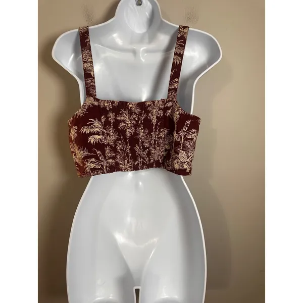 American Eagle Womens Maroon‎ Tropical Palm Toile Linen Blend Button Crop Top M - Image 4