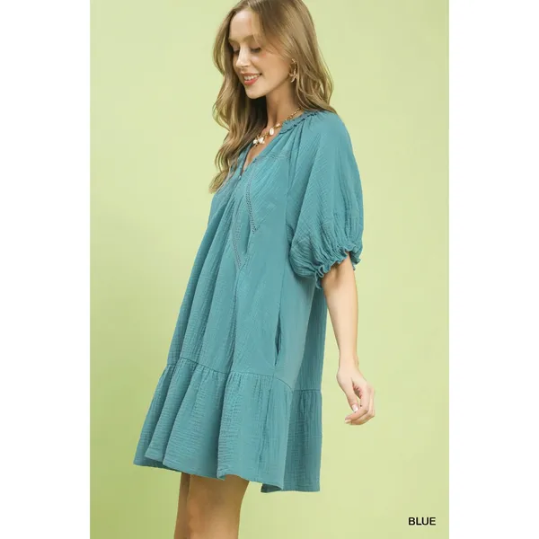 Umgee Cotton Gauze Mini Dress - Blue - Small - Image 2