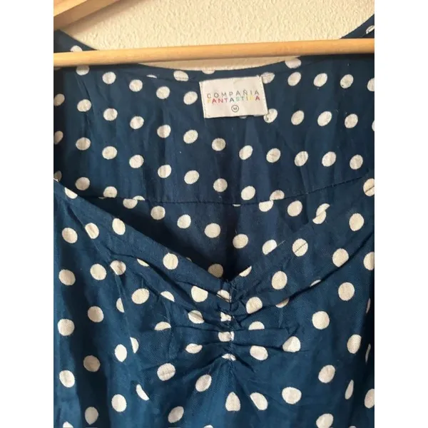 Compania Fantastica Spanish Navy White Polka Dot Indie Mini Dress Size Medium - Image 8