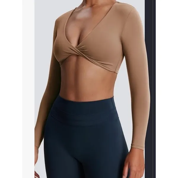 AOXJOX Deep V Twist Front Crop Yoga Top Brownie L NWOT - Image 7