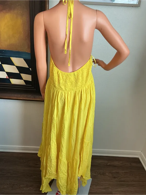 CHICME Yellow Halter Maxi Dress XL Smocked Back - Image 5
