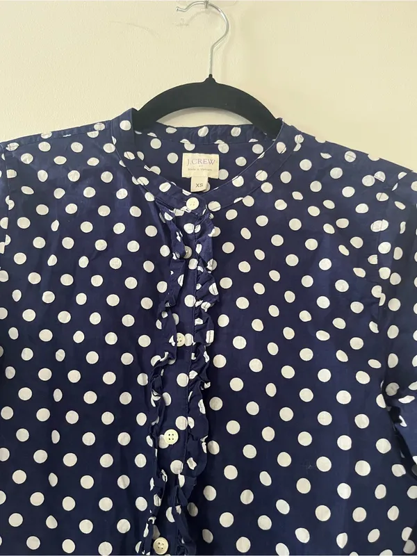 J Crew Navy Blue Polka Dot Ruffle Button Up Top XS 100% Cotton Office Preppy - Image 3