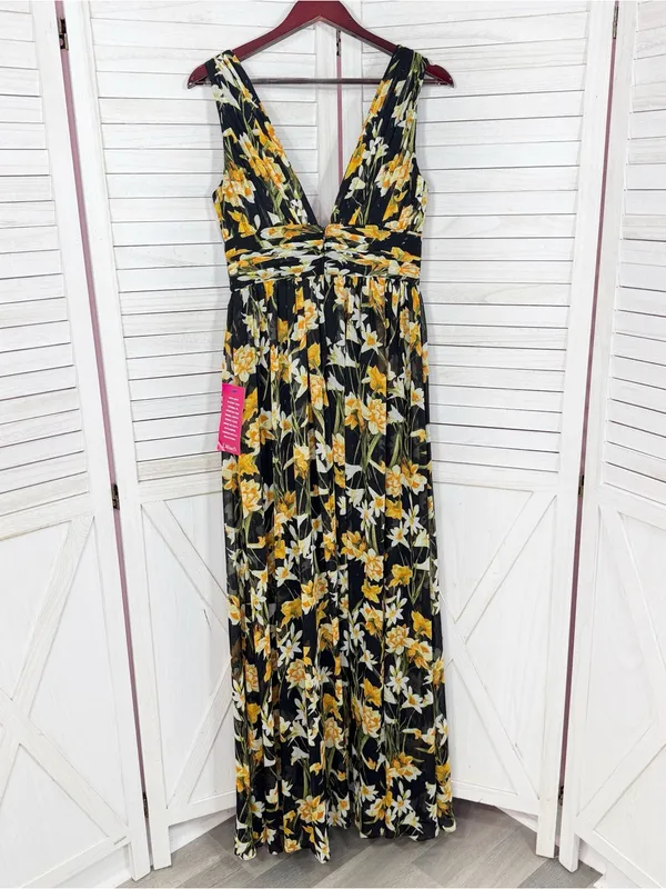 Aidan Mattox Floral Pleat V Neck Front Slit Formal Maxi Dress Black Yellow 8 - Image 10