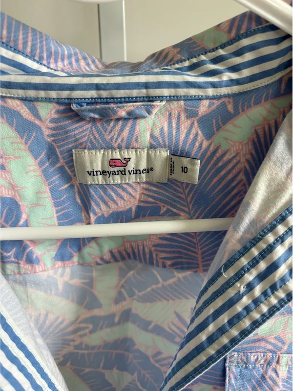 vineyard vines EUC Women's Mini Dress Blue Pink Palm Leaf Tropical Collared 10 - Image 2