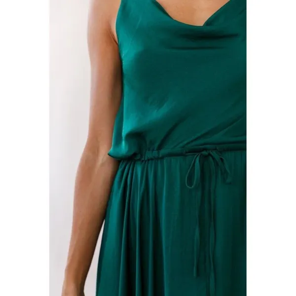 Selfie Leslie Forest Green Ava Cowl Neck Satin Drawstring Midi Dress Size XS‎ - Image 4