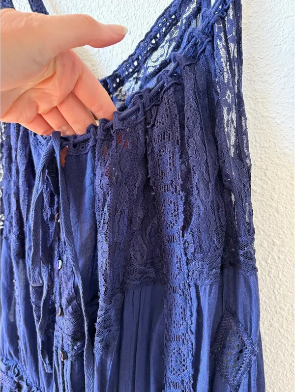 Free People Dolly Bodysuit Navy Size Medium Cottagecore Bohemian Lace Ruffle - Image 5
