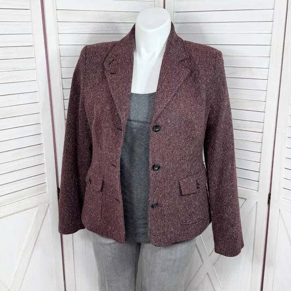 Vintage L.L. Bean Tweed‎ Blazer Large Burgundy Herringbone Wool Silk Blend Maroo - Image 7