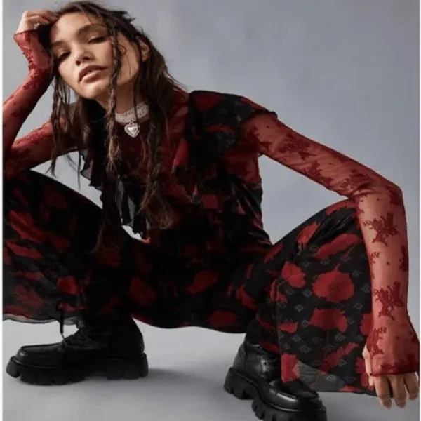 Free People Austyn One Piece Jumpsuit Red Floral Size‎ S boho flare ruffle - Image 12