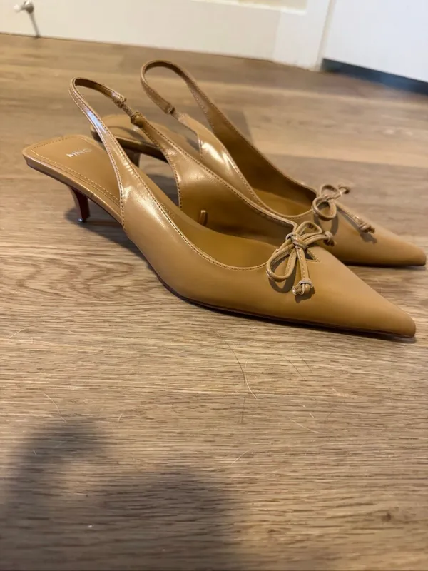 Mango MNG Patent Bow Pointed Toe Slingback Kitten Heels Camel EU 39 US 8.5 - Image 6