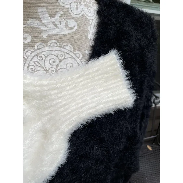 Black White Colorblock Fuzzy Cardigan Sweater Size XL Oversized Drop Shoulder - Image 11