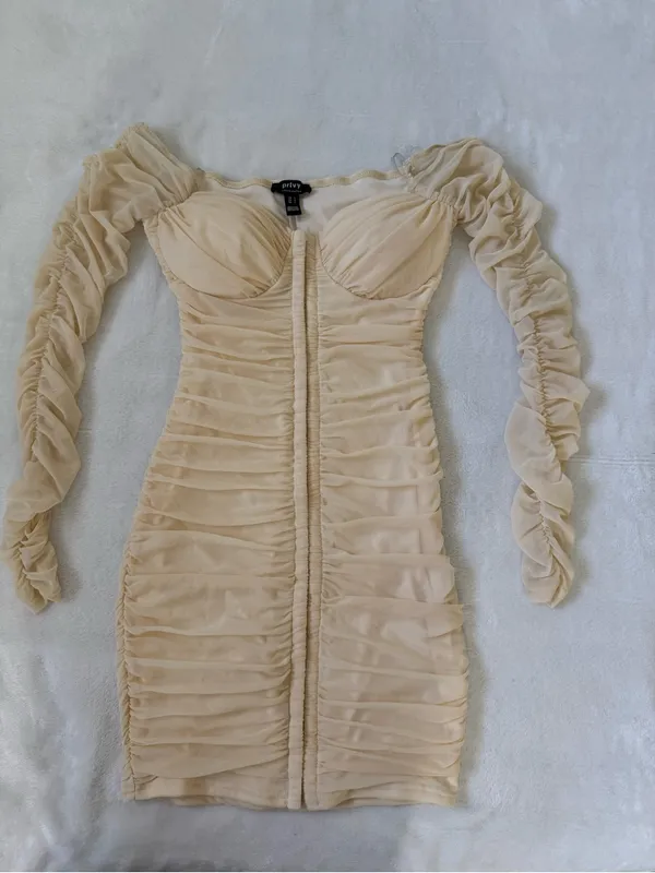 Privy Off-Shoulder Ruched Bodycon Mini Dress in Nude - Image 2
