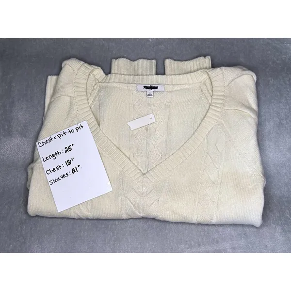 Madewell NWT Women's V‎ Neck Merino Wool Cable Knit Sweater Small Cream Pullover - Image 4
