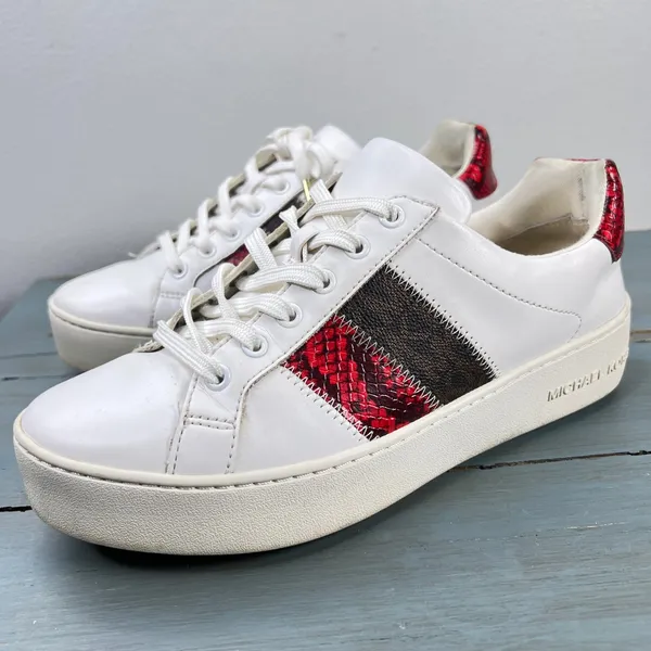 Michael Kors Poppy White Red Snakeskin Logo Platform Sneakers AN20L Womens 7.5M - Image 13