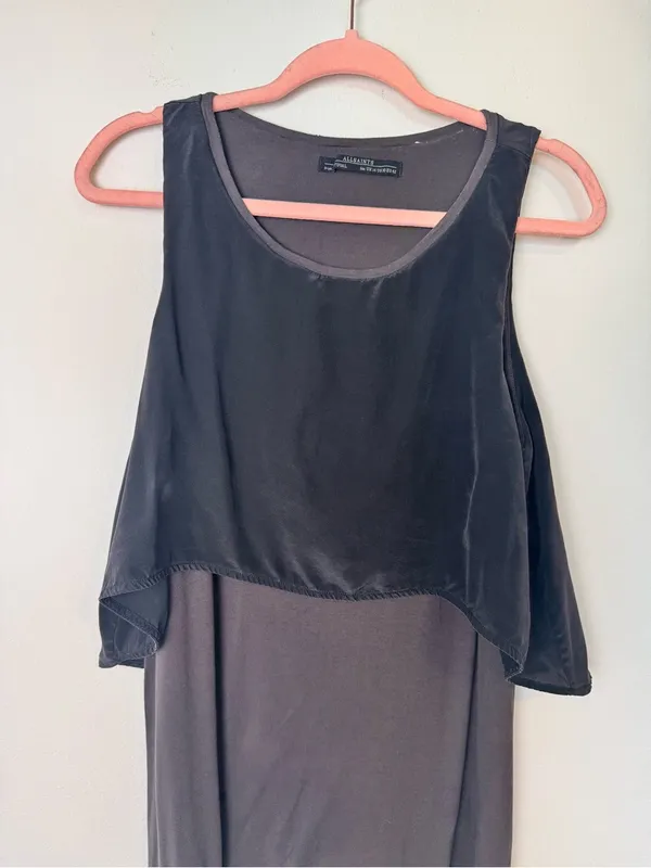 AllSaints Eubik High Low Overlay Shift Dress Size 10 Black Charcoal - Image 5
