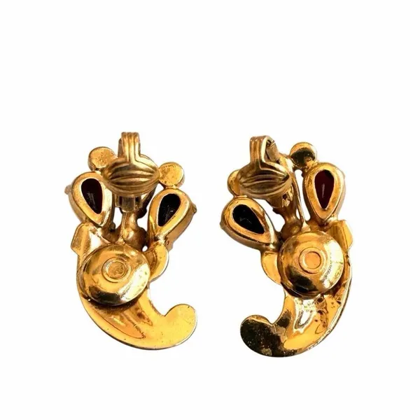 Gold-Tone Rhinestone & Deep Red Cabochon Clip-On Earrings - Image 7