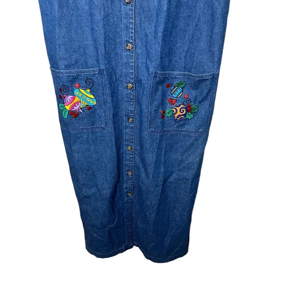 Westbound‎ Vintage Christmas Denim Maxi Dress Button Front Embroidered L - Image 3