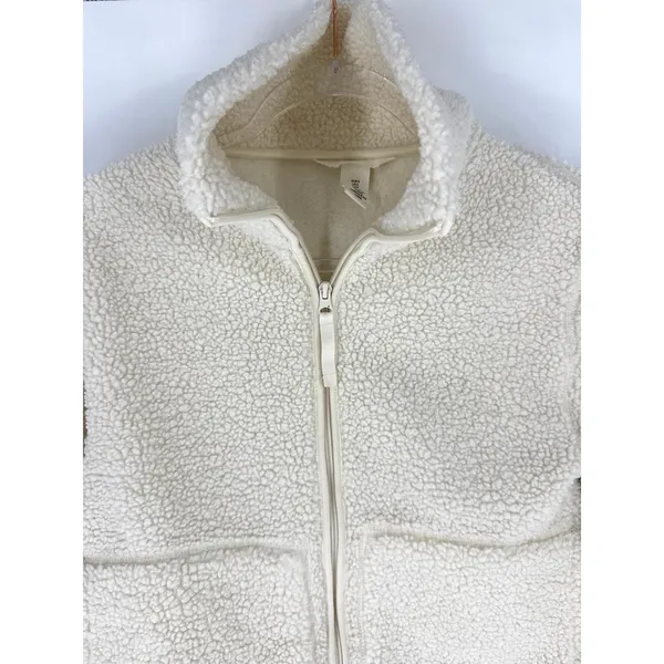 H&M Cream Teddy Fleece Zip Up Jacket Faux Fur Cropped Pockets S‎ - Image 2
