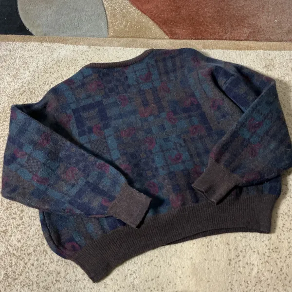 Jos. A. Bank Vintage Paisley Wool Sweater Women L Brown Blue Geometric Italy - Image 5