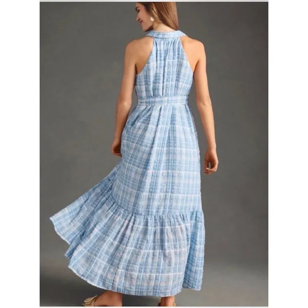 Anthropologie Blue White Plaid Button Front Tiered Midi Dress Sz S Halter Neck - Image 8