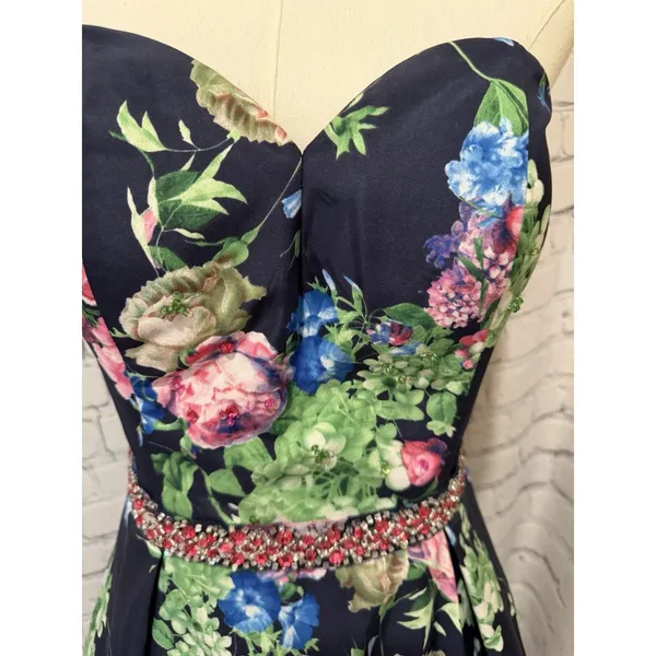 Morilee prom dress Floral navy blue strapless mini dress With Sequin Accents 10 - Image 4