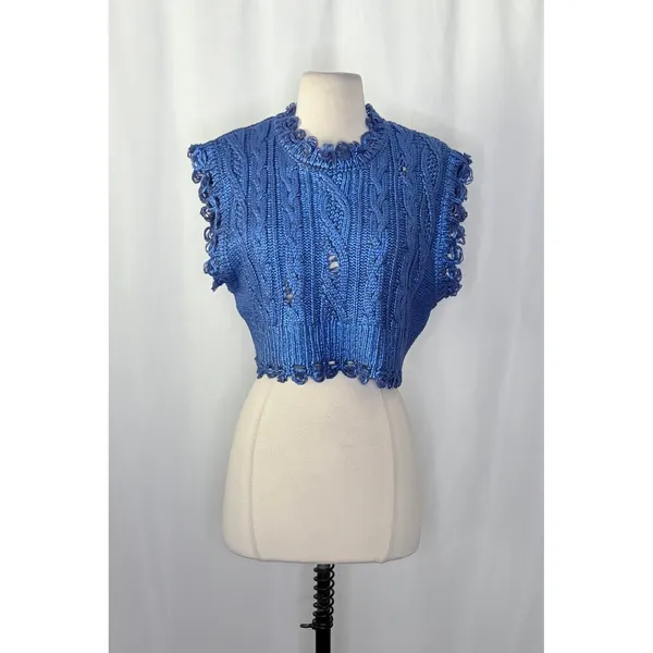 ZARA Metallic Blue Cropped‎ Sweater Cableknit Distressed Cable Knit Crop Small - Image 2