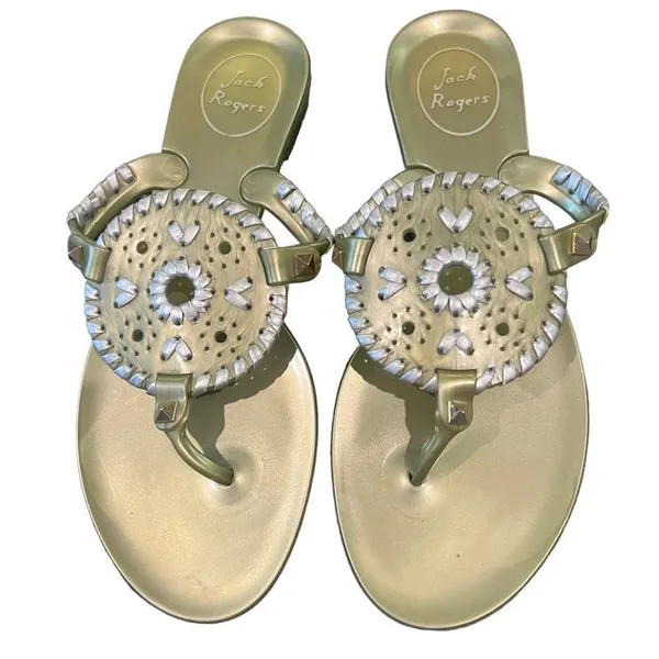 Jack Rogers Georgica Jelly‎ Thong Sandals Womens Gold Medallion Size 6 - Image 3