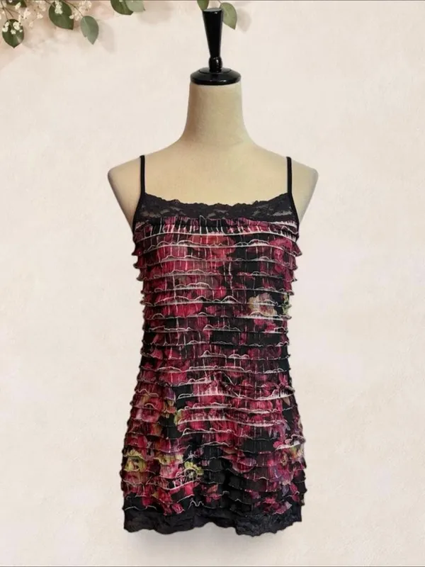 Maurices Burgundy and Black Floral Ruffle Camisole - Image 2
