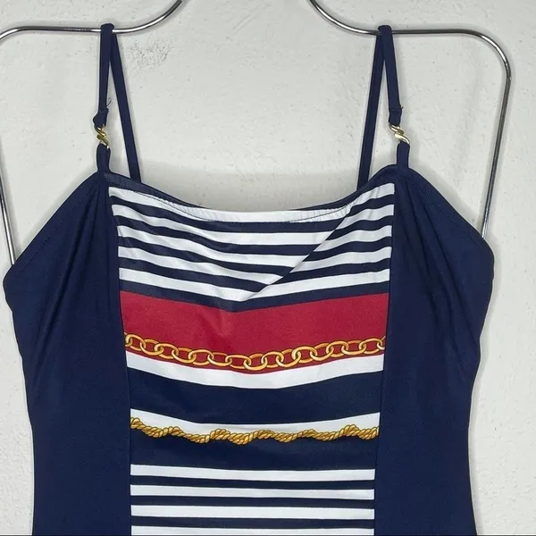 Vintage Jantzen 90's Blue Red Striped Gold Chain Swimsuit - Image 2