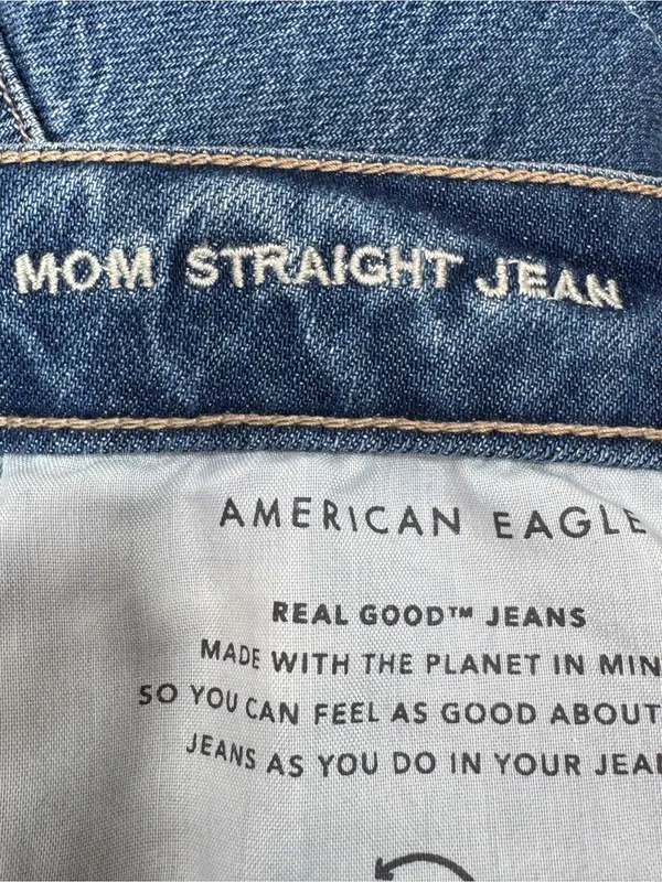 American Eagle Distressed Patched Mom Straight Jeans‎ Blue 10 High Waist - Image 10