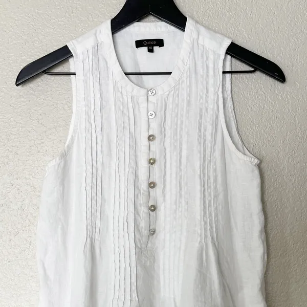 Quince 100% European Linen Sleeveless Swing Dress Pintuck Button Front‎ XS White - Image 3