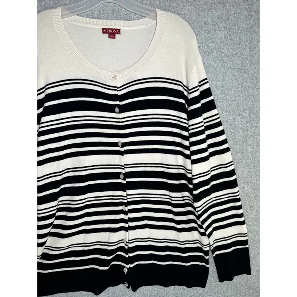Merona Size 2 Womens Cardigan Sweater‎ Striped Long Sleeve Button Cream Black - Image 6