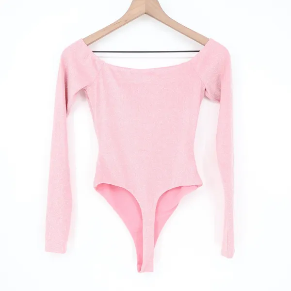 Naked Wardrobe Pink Shimmer Lurex Cutout Off Shoulder Bodysuit Small - Image 5
