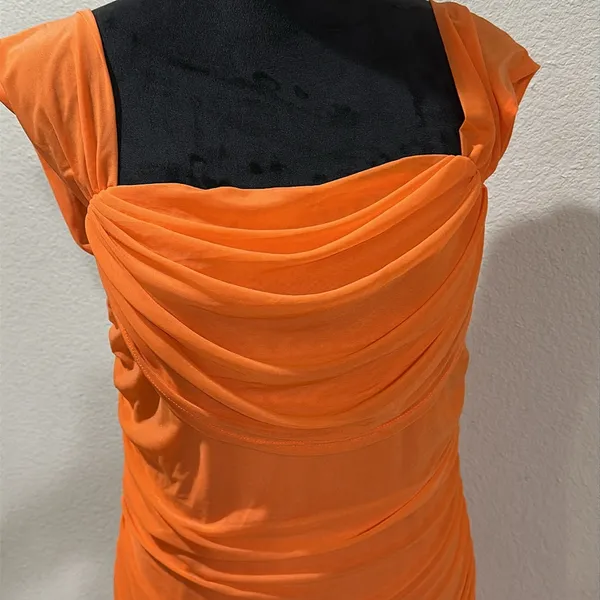 Orange Ruched Draped Dress Size L - Image 7