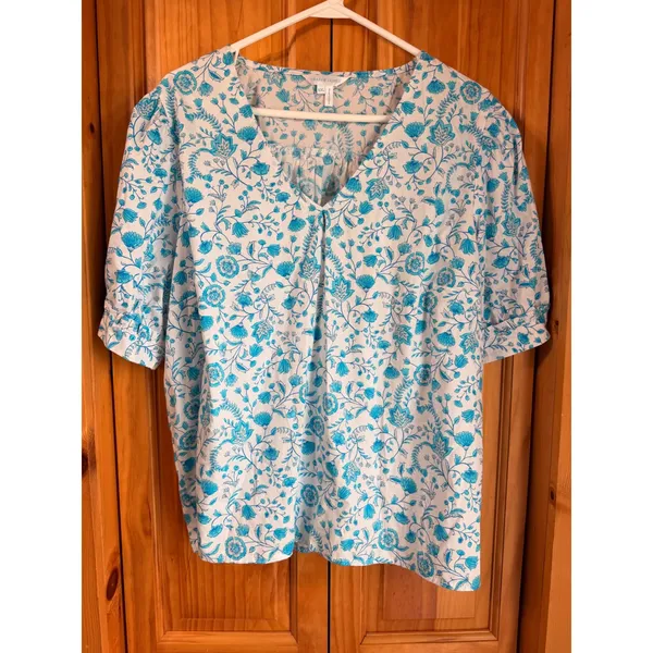 Draper‎ James XXL V-Neck Puff Sleeve Floral Top Blue Paisley Cotton Blouse NWOT - Image 2