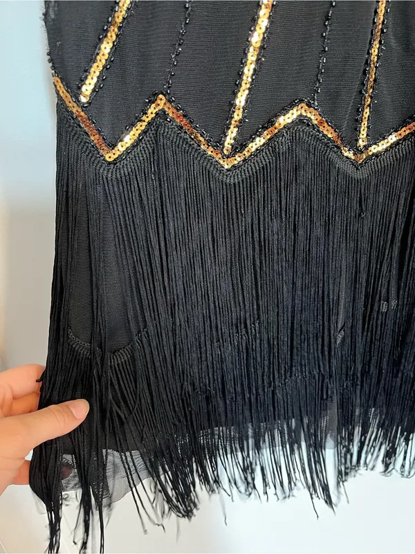 Babeyond Black & Gold Art Deco Fringe Cocktail Dress flapper costume sequins - Image 4