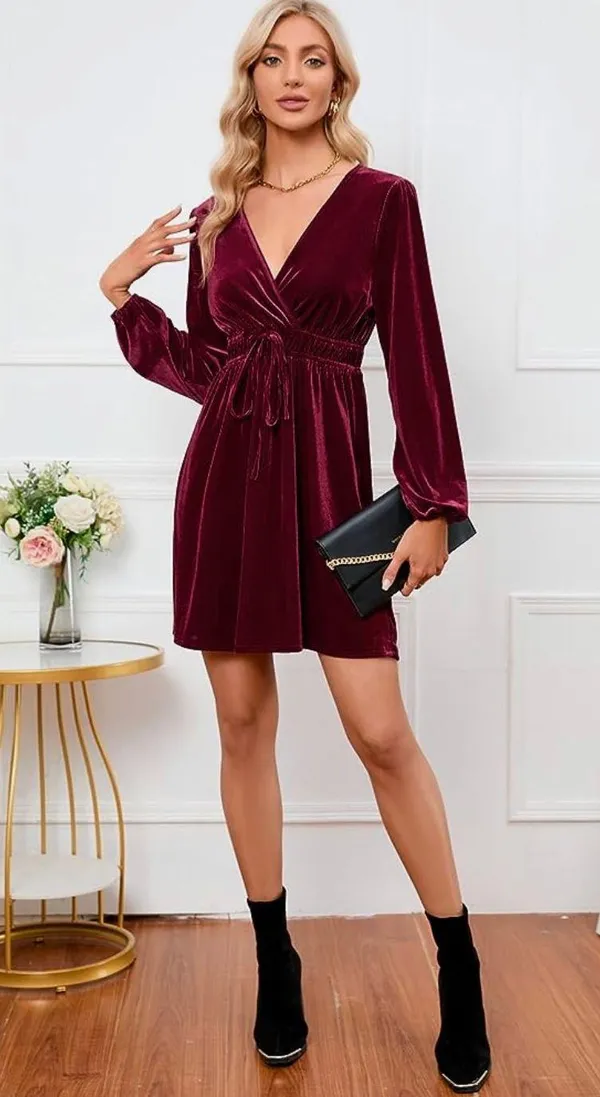 Women's Velvet Dress Wrap V Neck Pleated Waist Long Sleeve Casual Party Skater Dresses - Image 5