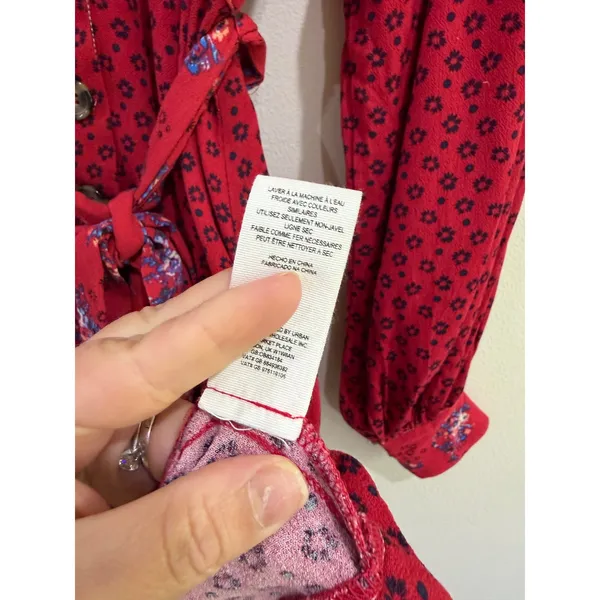 Free People Red Floral Mini Dress Long Sleeve Button Down V-Neck Boho Small - Image 8
