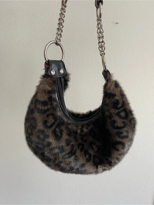 Leopard Print Faux Fur Shoulder Bag with Chain Strap - Brown - Image 5