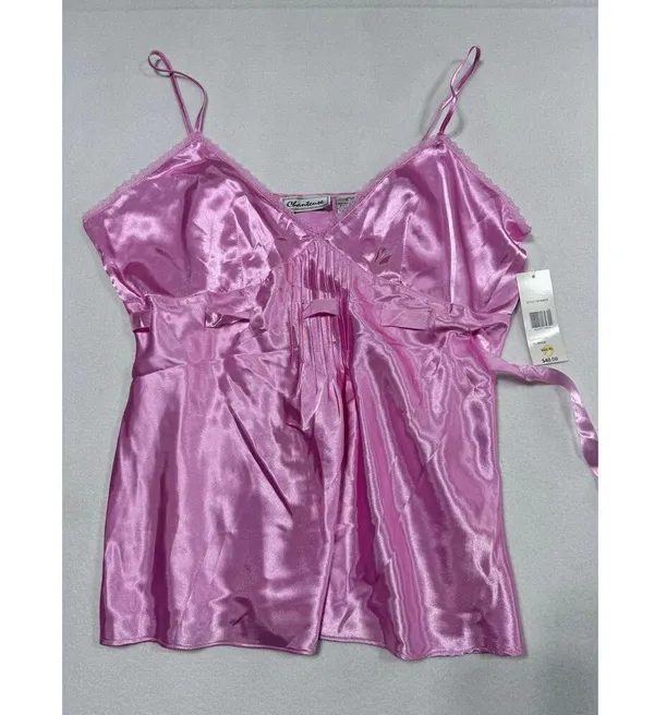 Vintage Chanteuse Pink Satin Pajama Set Lace Trim Cami &‎ Pants Size XL 90s NOS - Image 2