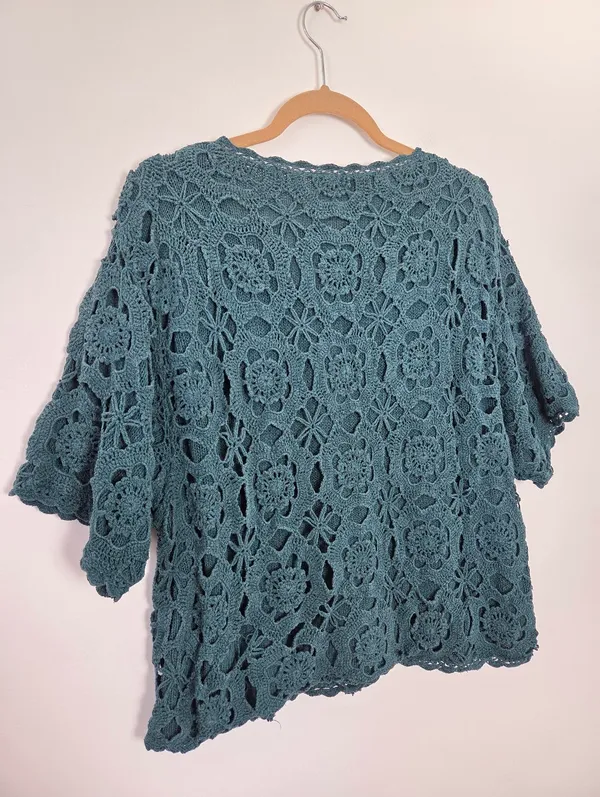 Noile Silk Exchange Blend Teal Green Floral Crochet Sweater Grannycore Cottage - Image 7