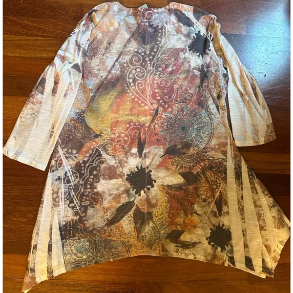 Jess & Jane Tunic Top Boho Abstract Floral Multicolor Artsy Sharkbite Hem Large - Image 2