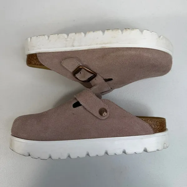Boston Womens 7.5 Mules Clogs Suede Taupe Platform Buckle Shoes‎ Size 38 - Image 4