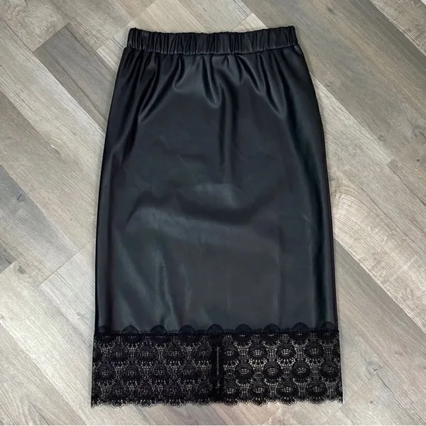 Michael Kors Lace Trim Faux Leather Slip Skirt‎ Black Midi Pencil Elastic XS - Image 14