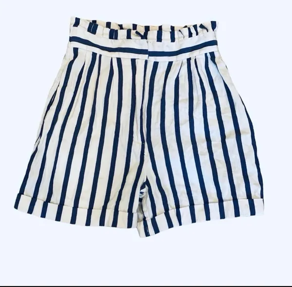 Zara High Waist White Blue Stripe Shorts S Cuff Nautical Preppy - Image 2