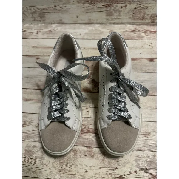 Steve Madden Lace Sneakers Women's Size 6.5 White Silver Sparkle Laces Beige - Image 2