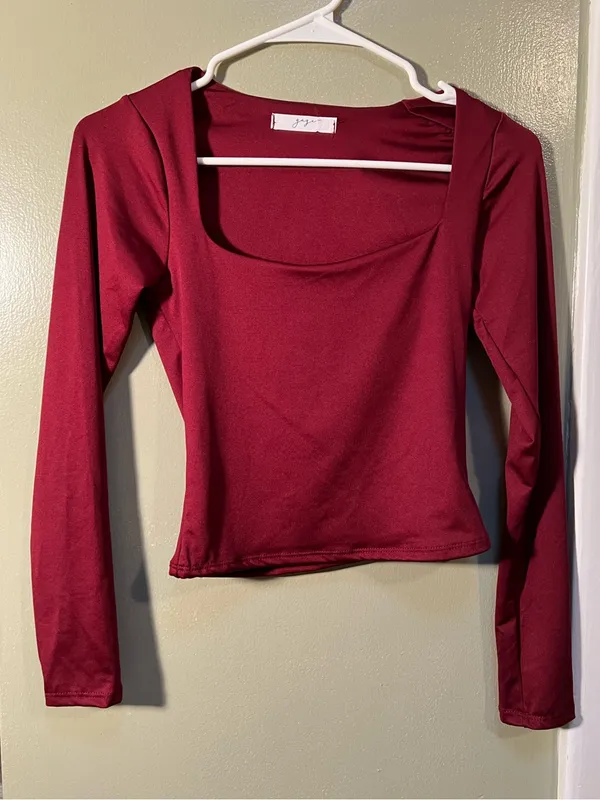 Gaze Women’s Sz XS Square Neck Long Sleeve Blouse Burgundy Cropped Sheen Stretch - Image 2
