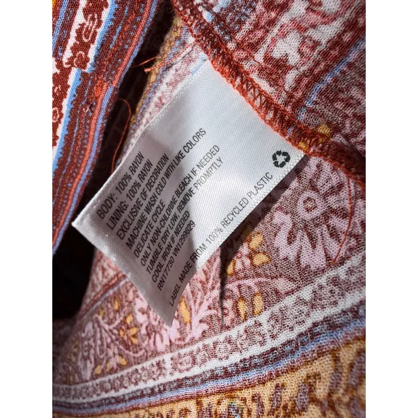 Knox Rose Boho‎ Peasant Dress M Rust Border Print Tassel Tie Rayon Lined Midi - Image 4