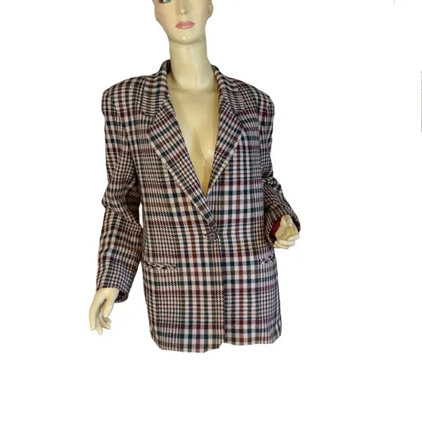 Vintage 1980'S Private Concepts Burgundy & Green Wool Blend Plaid Blazer (10) - Image 2