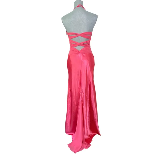 Hot Pink Mermaid long dress gown Cutout Halter Rhinestone Ruffle Formal Dress xs - Image 6